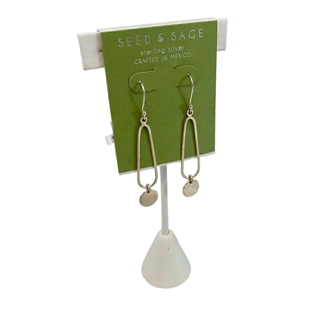 Seed & Sage Hammered Silver Toned Long Drop Small Disc Earrings.